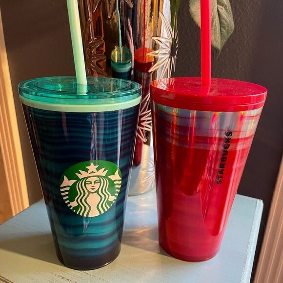 Starbucks Turquoise Blue and Fire Red Wave 16 oz Tumblers - Picture 1 of 13